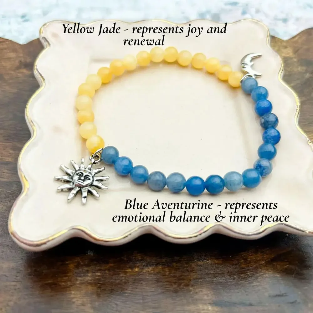Sun Moon Bracelet Blue Aventurine Yellow Jade Stretch Beaded Celestial Jewelry
